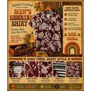 Denim & Flower Ricky Singh Men's Small Burgundy Tropical Hawaiian Camp Shirt